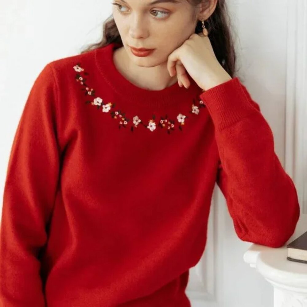 Simple Retro Elsa Floral Embroidery Christmas Red Knit Sweater